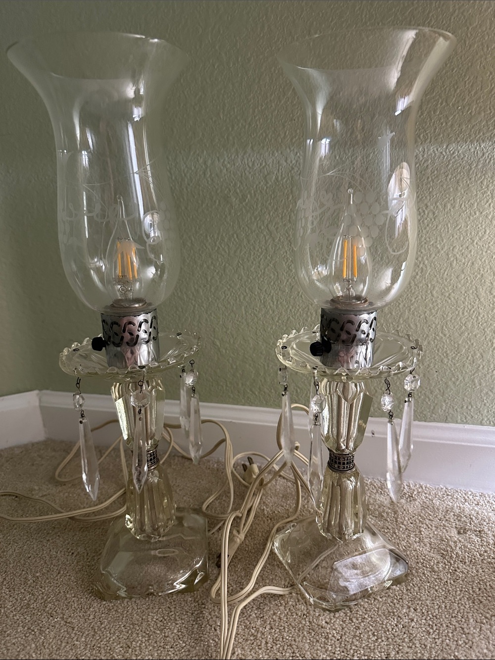 Crystal Glass Table Lamps with Clear Chimneys - Pair